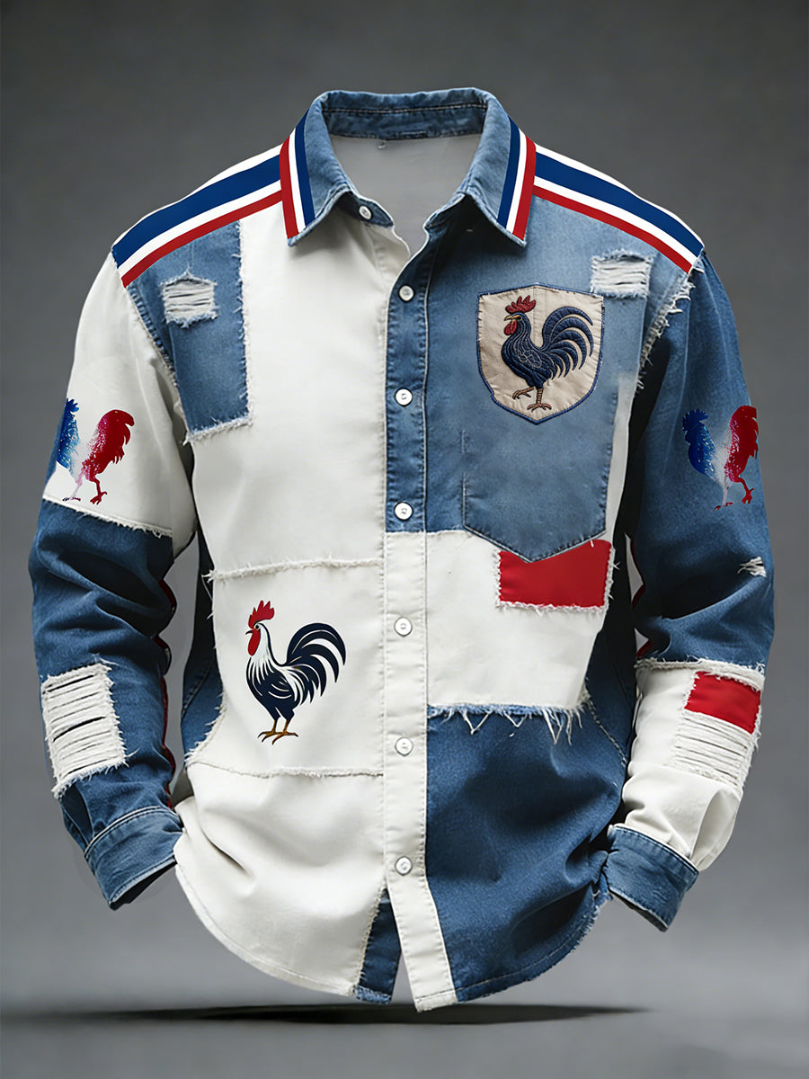 Rétro Drapeau Français Coq Patchwork Color-Block Casual Et Confortable Chemise
