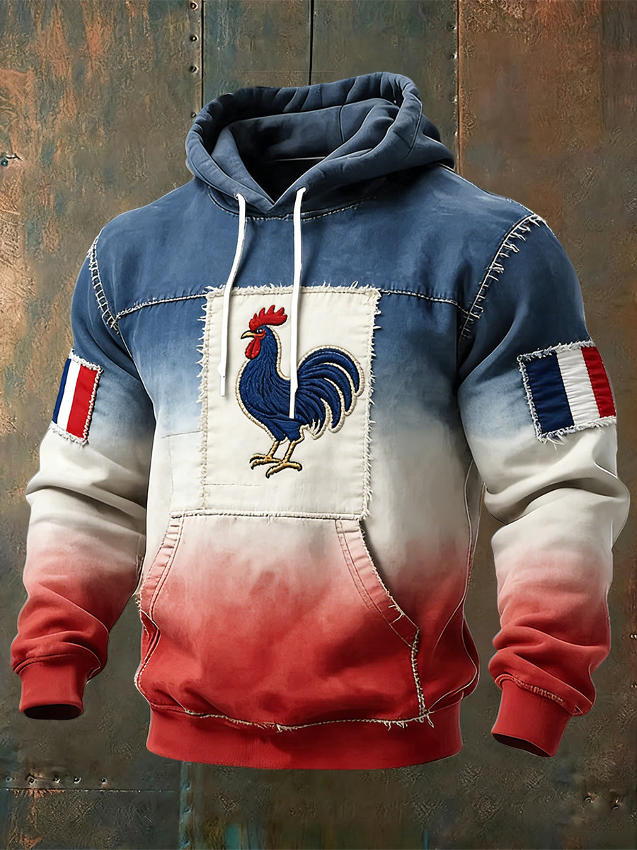 Sweat à capuche décontracté dégradé de drapeau coq français rétro