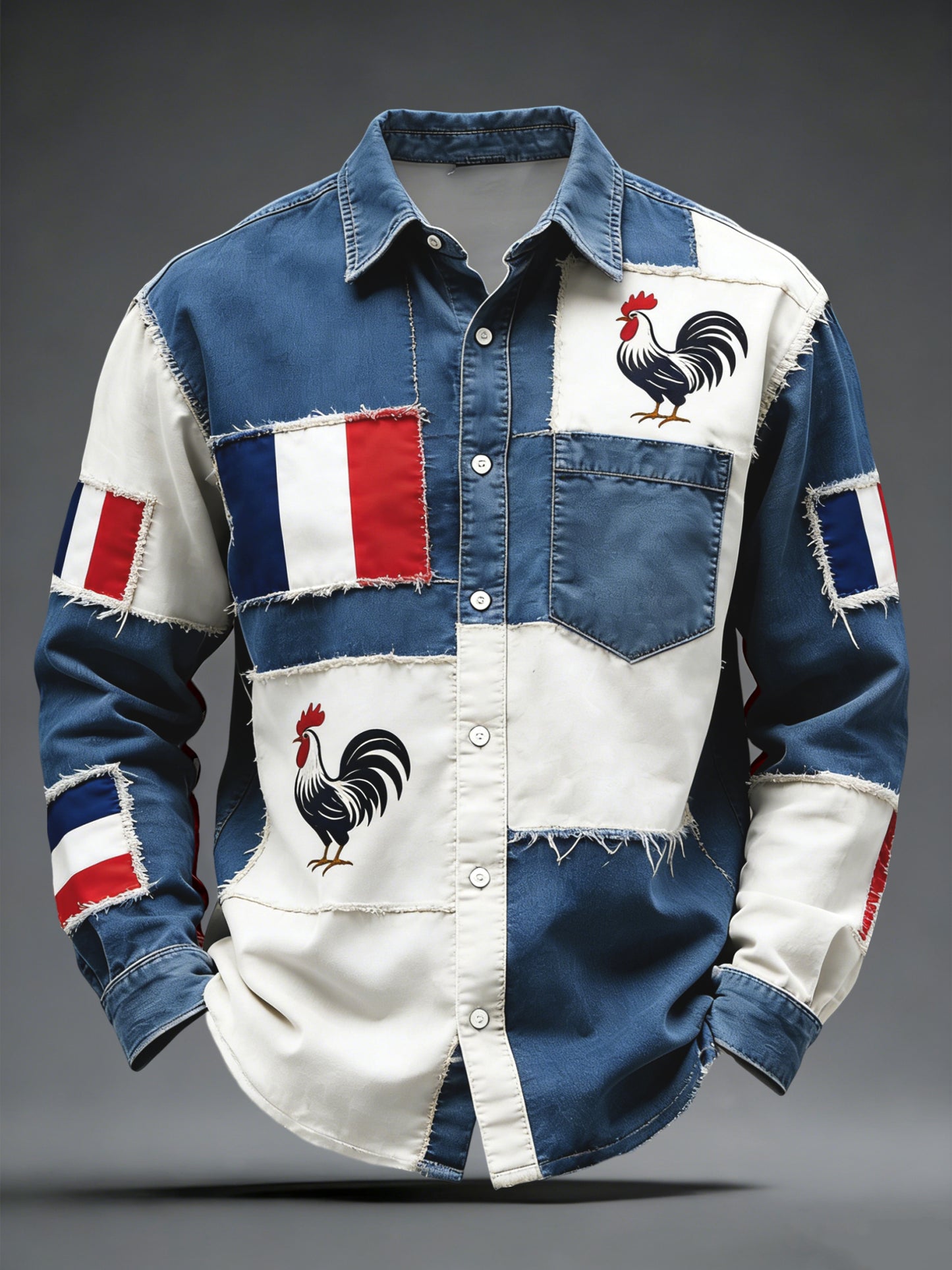 Chemise Décontractée Rétro Drapeau Français Coq Patchwork