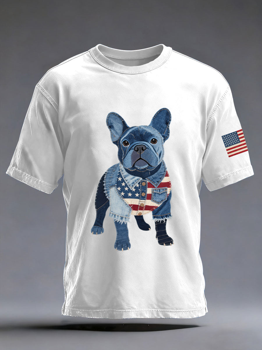 Denim Patchwork Art bouledogue français modèle lavé T-Shirt des hommes