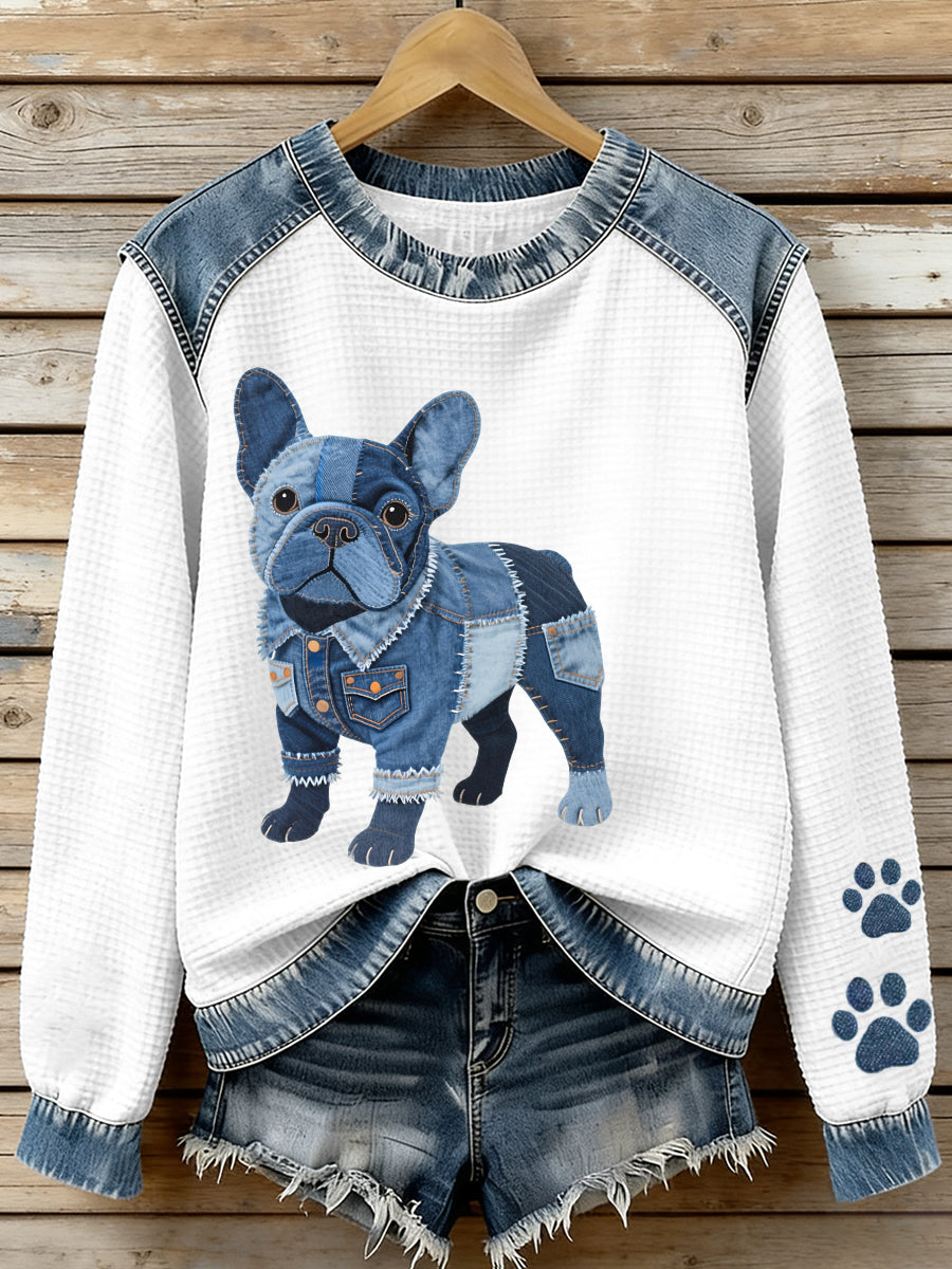 Belle Français Bulldog Motif Denim Patchwork Waffle Sweatshirt des femmes