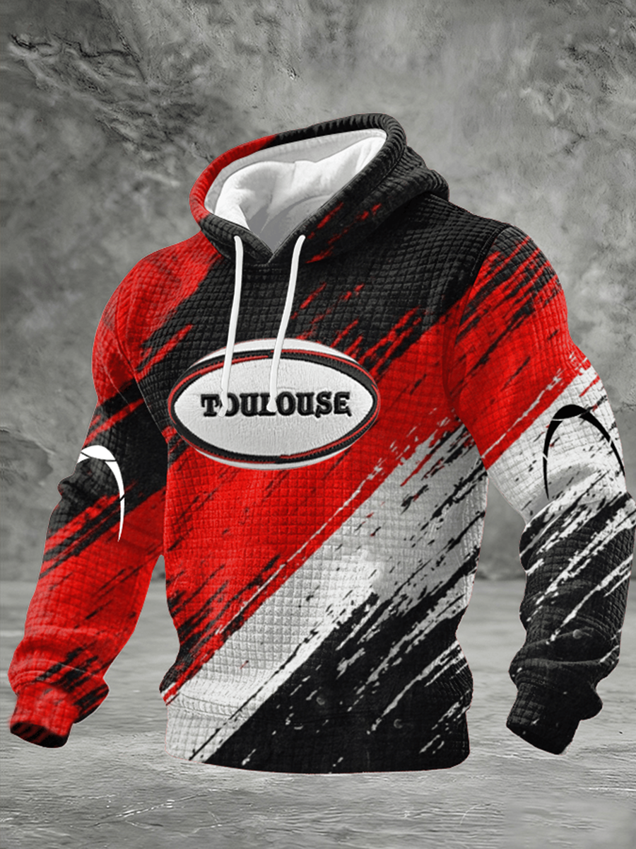 Sweat à capuche en coton à carreaux imprimé rugby pour hommes