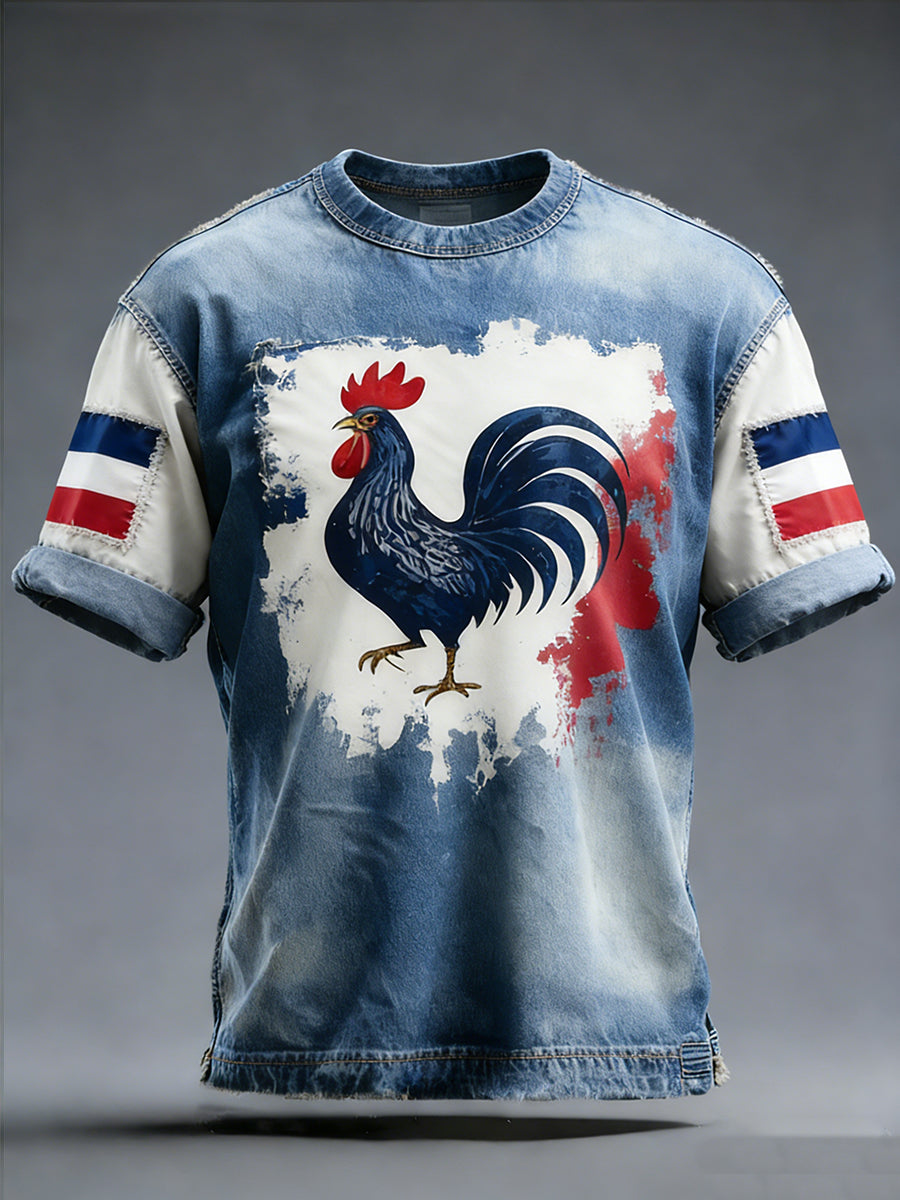 Modèle de coq drapeau français rétro Patchwork Color-Block T-shirt décontracté et confortable