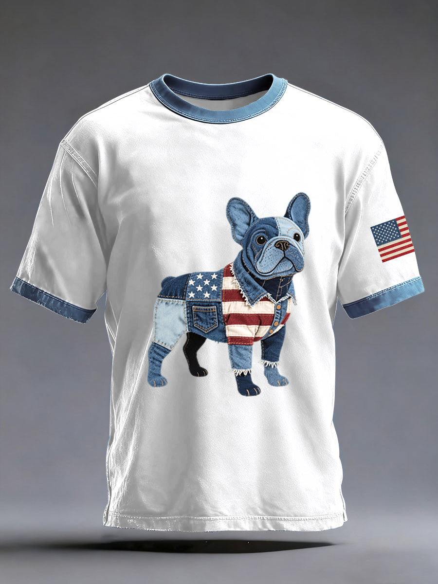Denim Patchwork Art bouledogue français modèle lavé T-Shirt des hommes