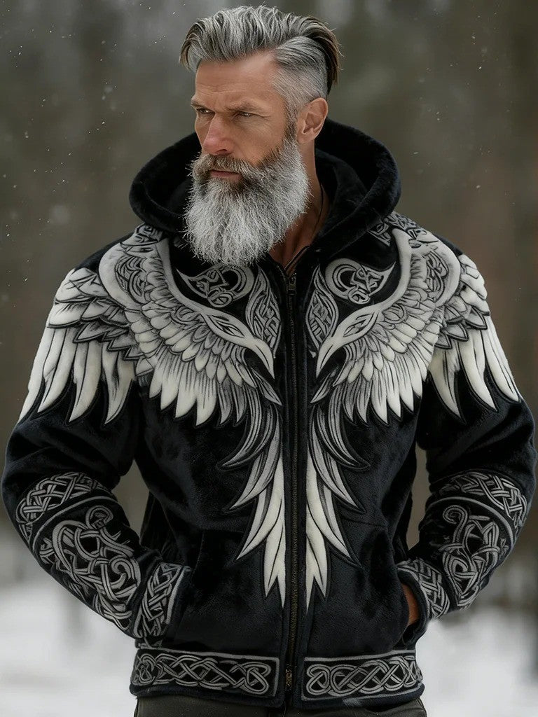 Hommes Vintage Viking Celtic Knot Wings Flanelle Zipper Veste à capuche