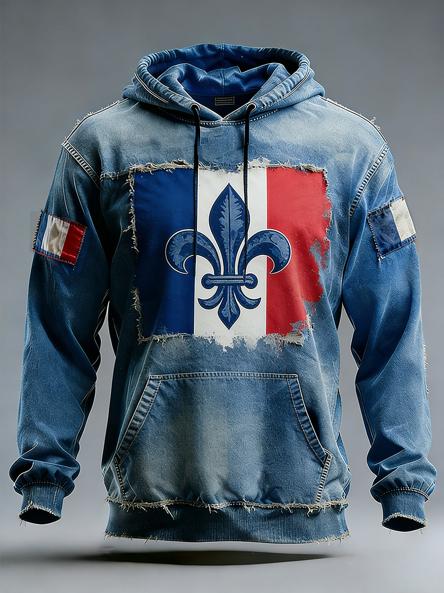 Sweat-shirt à capuche décontracté à motif de drapeau français pour hommes