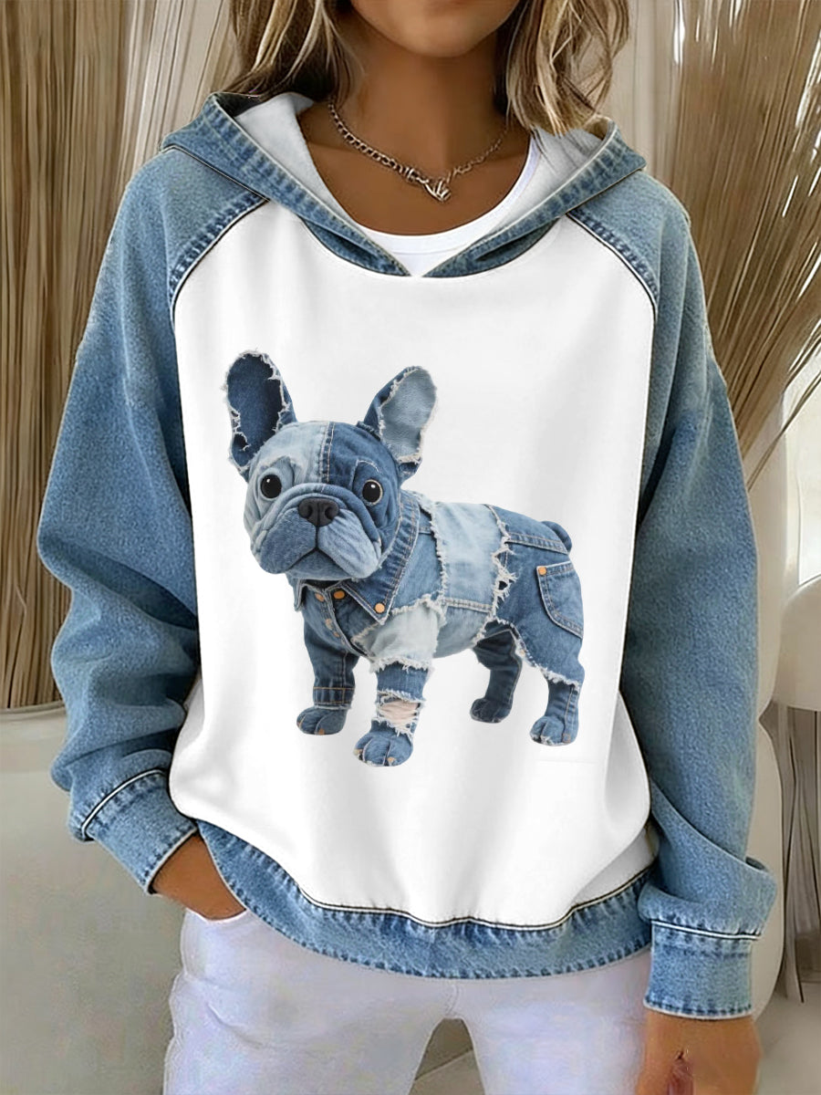 Beau modèle de bouledogue français des femmes Denim Patchwork Hoodie