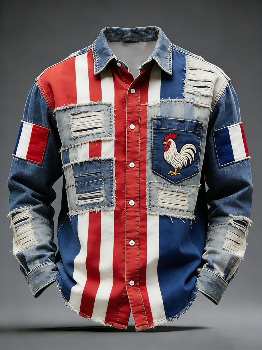 Rétro Drapeau Français Coq Patchwork Color-Block Casual Et Confortable Chemise