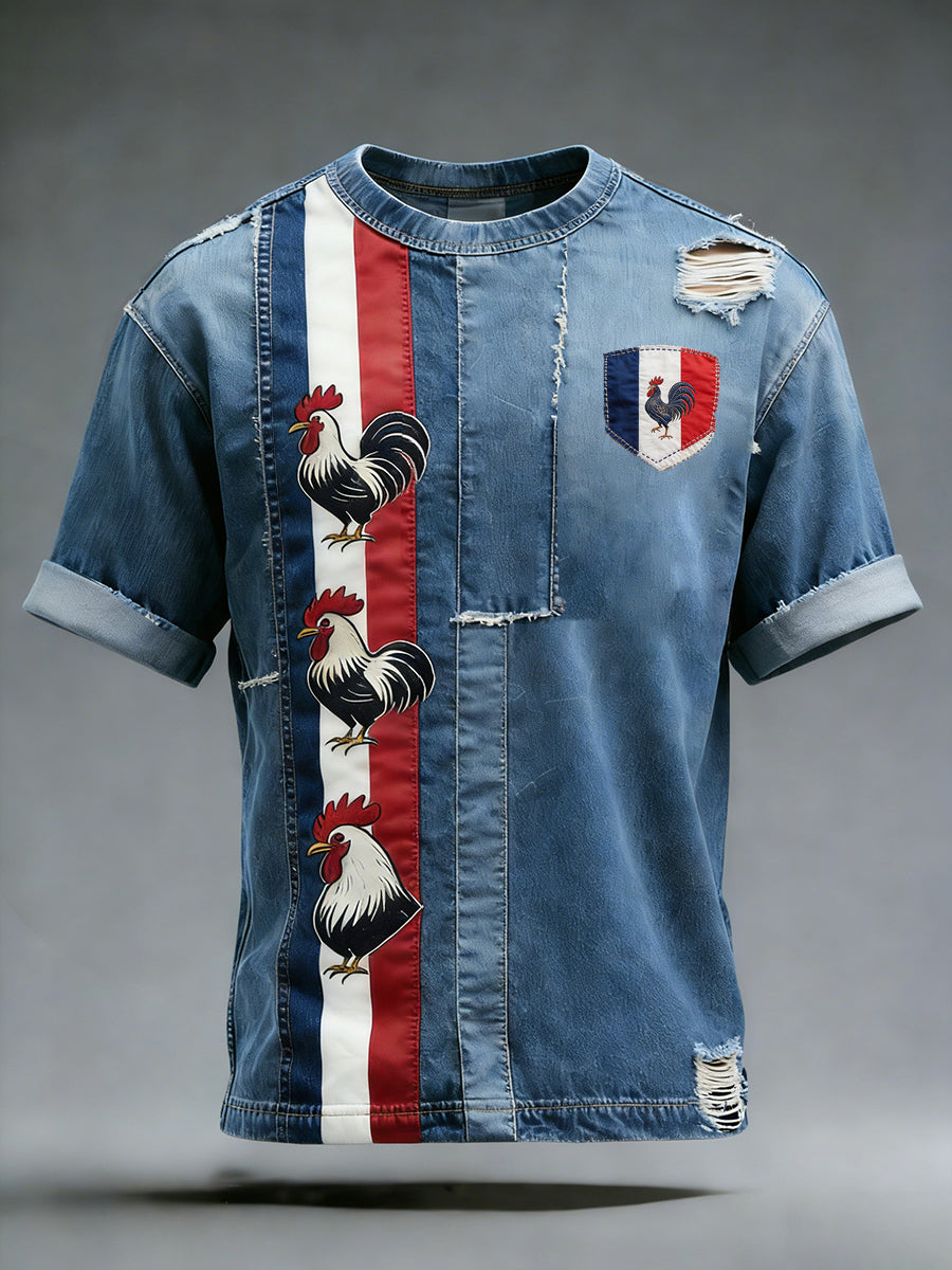 Drapeau français rétro et gaulois Coq Patchwork Art T-shirt décontracté