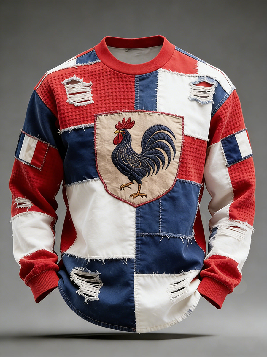 Le drapeau français rétro et le coq gaulois Patchwork Casual Waffle-Knit haut confortable