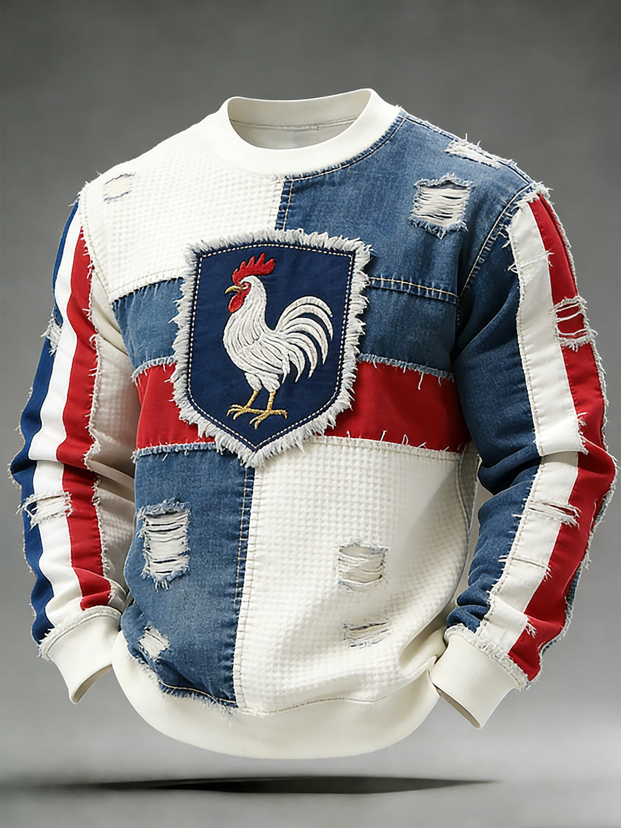 Le drapeau français rétro et le coq gaulois Patchwork Casual Waffle-Knit haut confortable