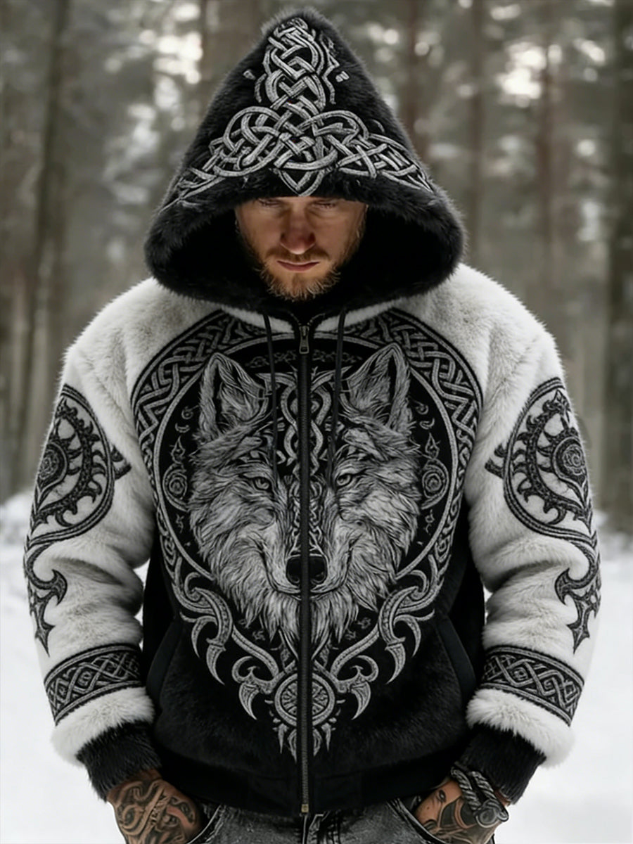 Hommes Retro Viking Wolf Totem style celtique flanelle chaud Sweat à capuche