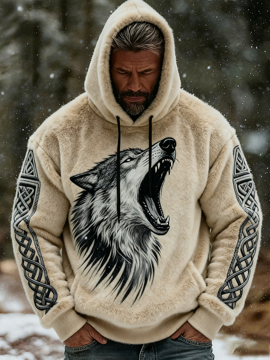 Rétro Viking Celtic Art Pattern Plush Veste à capuche zippée chaude pour hommes