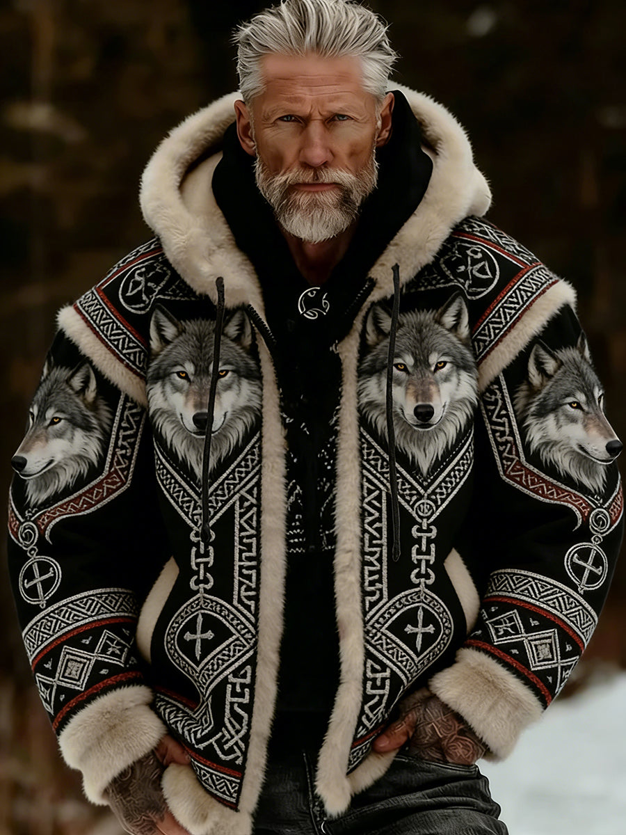 Hommes Retro Viking Wolf Totem style celtique flanelle chaud Sweat à capuche