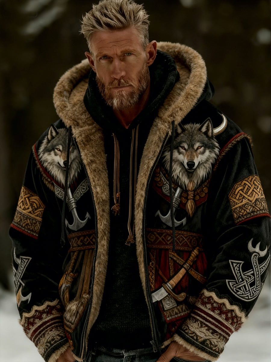 Hommes Retro Viking Wolf Totem style celtique flanelle chaud Sweat à capuche