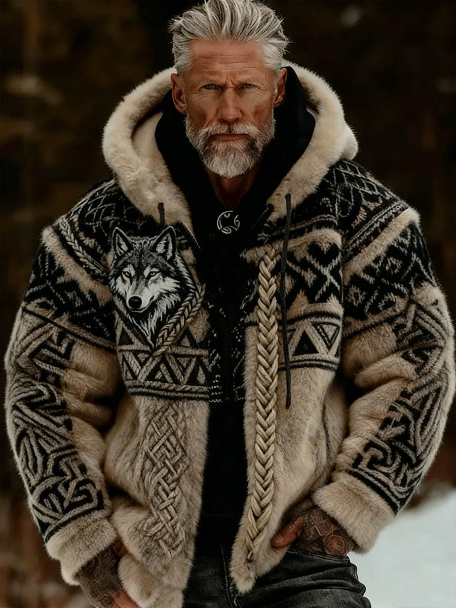 Hommes Retro Viking Wolf Totem style celtique flanelle chaud Sweat à capuche