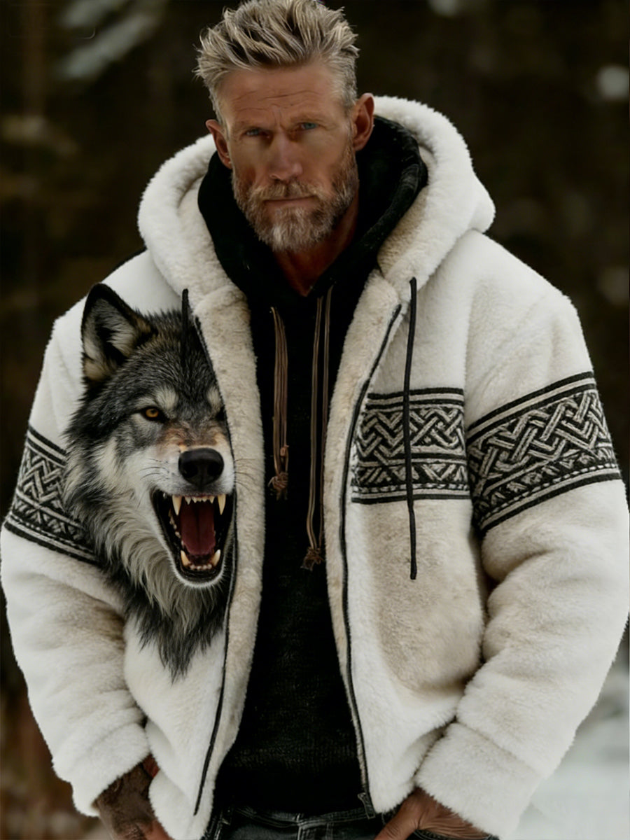 Hommes Retro Viking Wolf Totem style celtique flanelle chaud Sweat à capuche