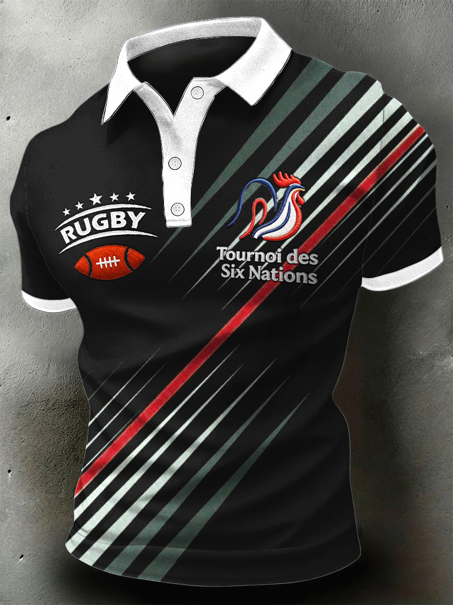 Polo Homme Manches Courtes Imprimé Rugby Rayé Patchwork