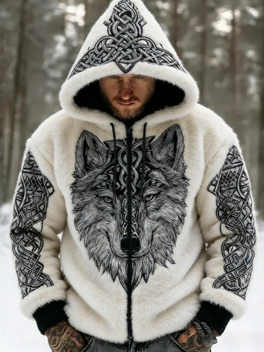 Hommes Retro Viking Wolf Totem style celtique flanelle chaud Sweat à capuche