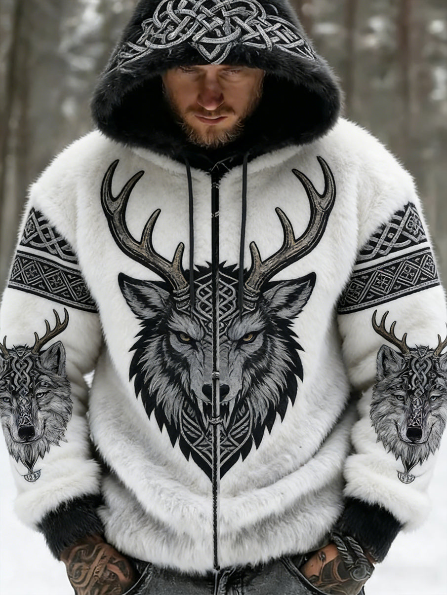 Hommes Retro Viking Wolf Totem style celtique flanelle chaud Sweat à capuche