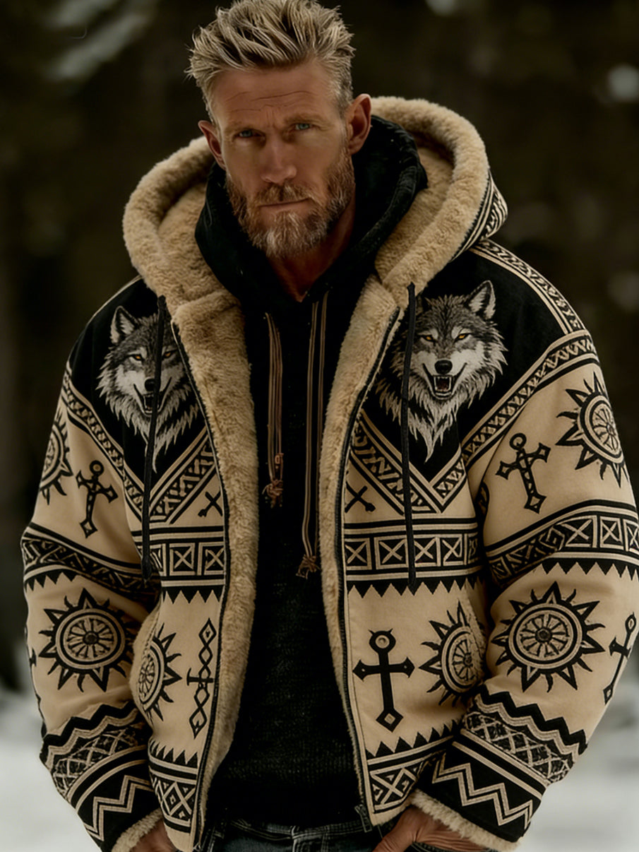 Hommes Retro Viking Wolf Totem style celtique flanelle chaud Sweat à capuche