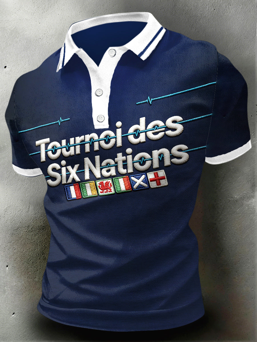 Polo Homme Six Nations Rugby Imprimé Bleu Marine à Manches Courtes