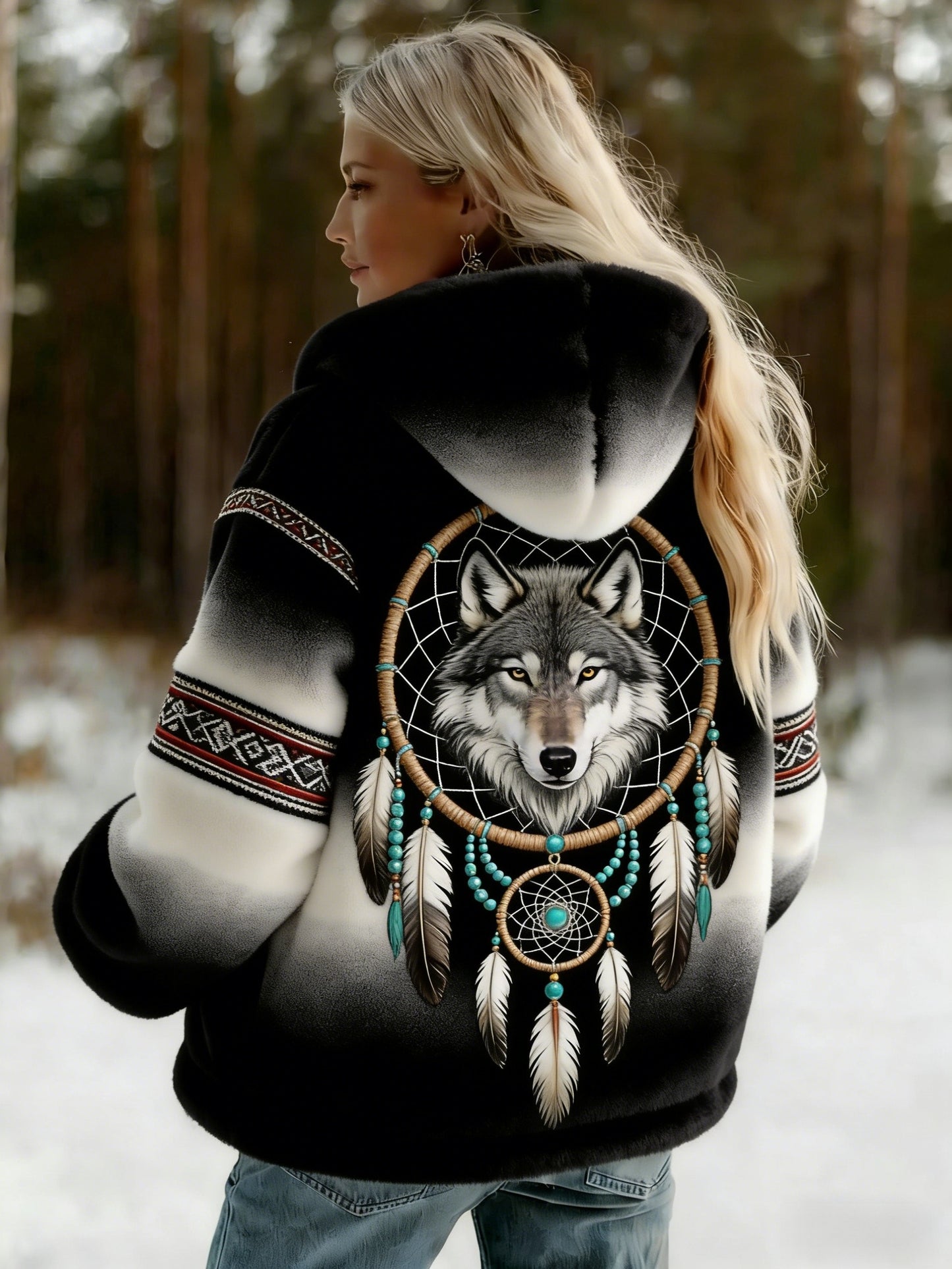 Veste en flanelle décontractée ethnique rétro nordique Viking Wolf pour femme