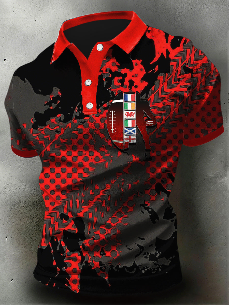 Polo décontracté à imprimé français Six Nations pour homme, noir et rouge