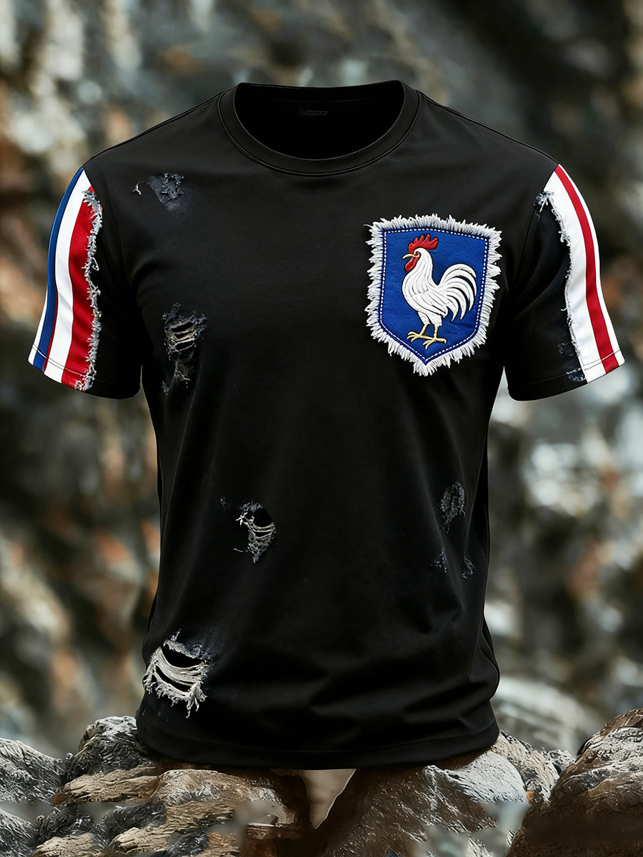 Modèle de coq drapeau français rétro Patchwork Color-Block T-shirt décontracté et confortable