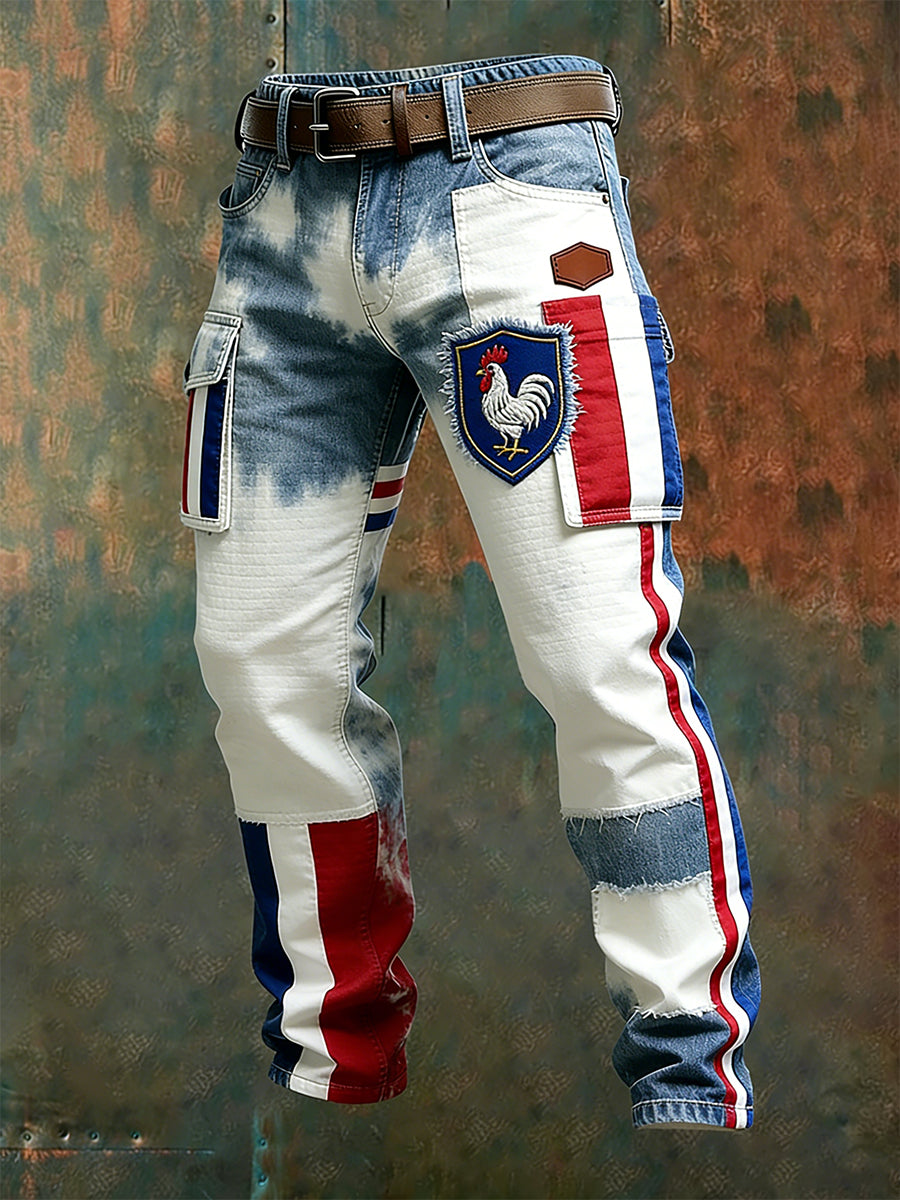 Hommes Vintage Drapeau Français Et Gallic Coq Imprimer Business Casual Pantalon De Travail