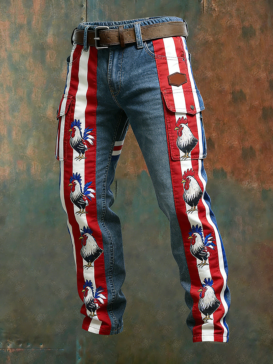 Hommes Vintage Drapeau Français Et Gallic Coq Imprimer Business Casual Pantalon De Travail