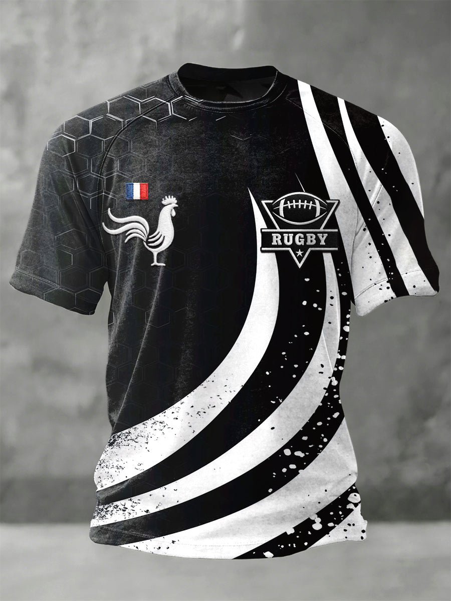 T-shirt en jersey de soutien noir et blanc à imprimé de coq de rugby français pour homme