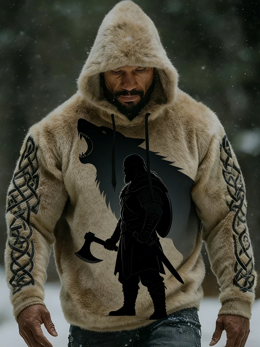 Rétro Viking Celtic Art Pattern Plush Veste à capuche zippée chaude pour hommes