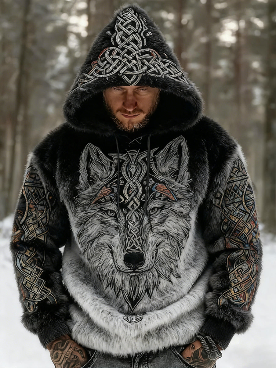 Rétro Viking Celtic Art Pattern Plush Veste à capuche zippée chaude pour hommes