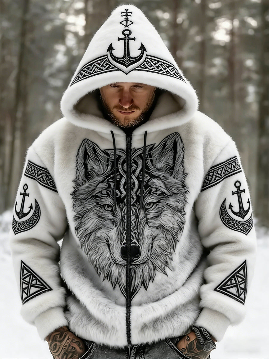 Hommes Retro Viking Wolf Totem style celtique flanelle chaud Sweat à capuche