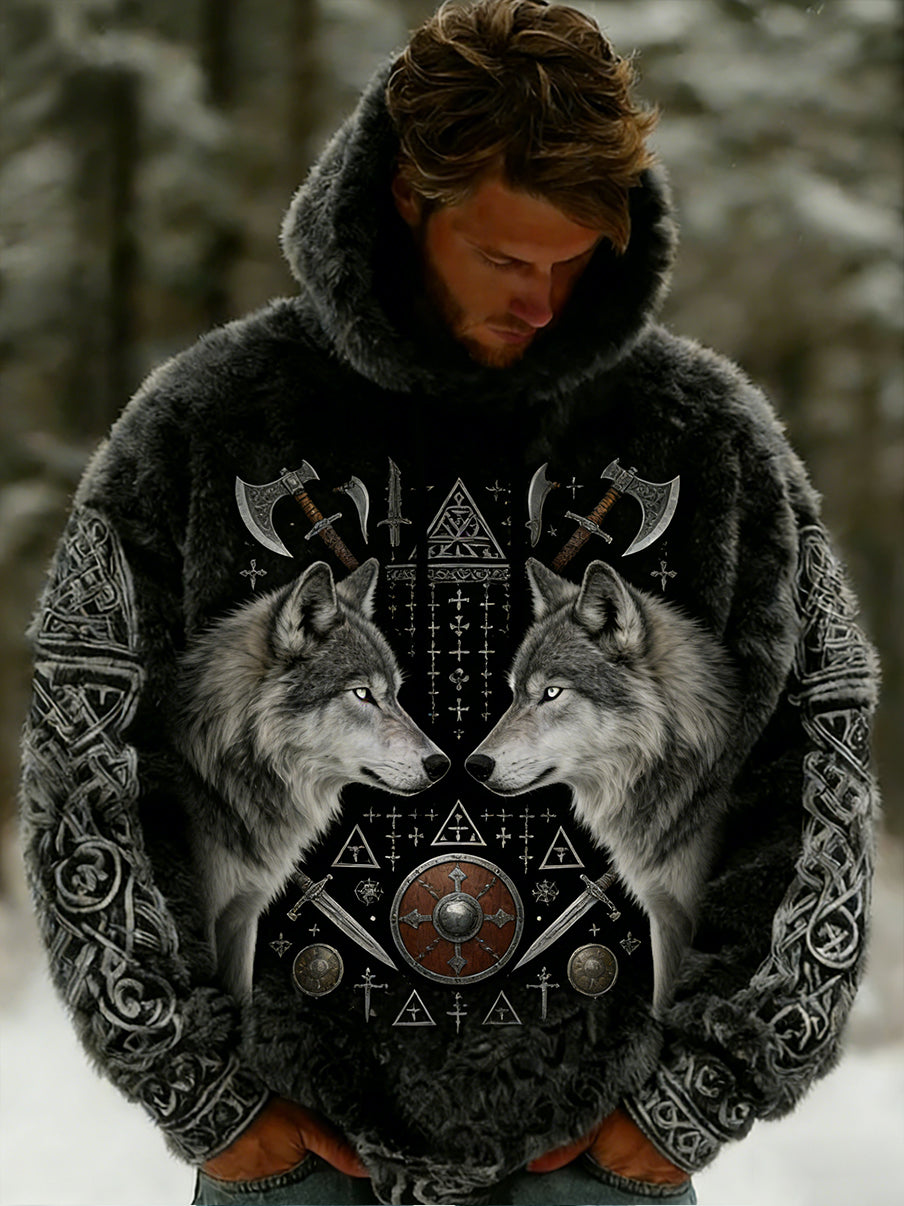 Rétro Viking Celtic Art Pattern Plush Veste à capuche zippée chaude pour hommes