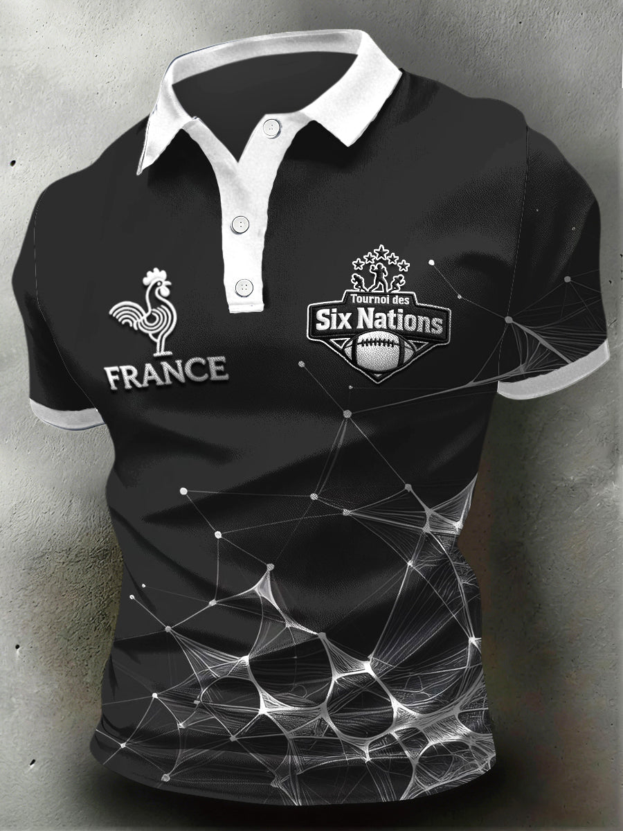 Polo décontracté en jersey patchwork noir à imprimé rugby français pour hommes