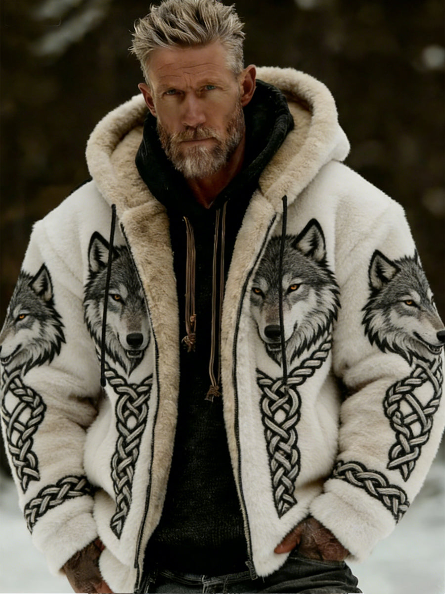 Hommes Retro Viking Wolf Totem style celtique flanelle chaud Sweat à capuche
