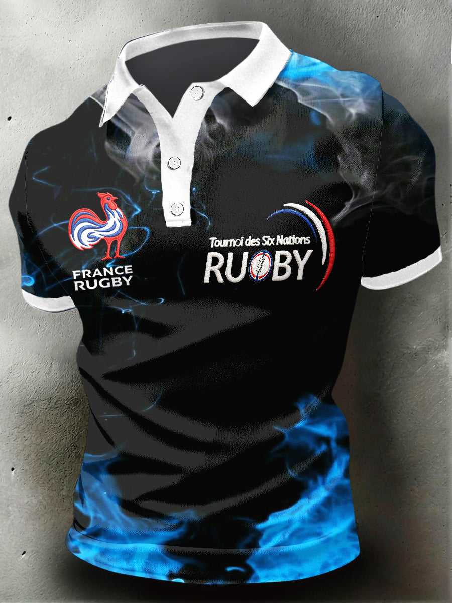 Polo Homme French Rugby Six Nations Imprimé Noir et Bleu