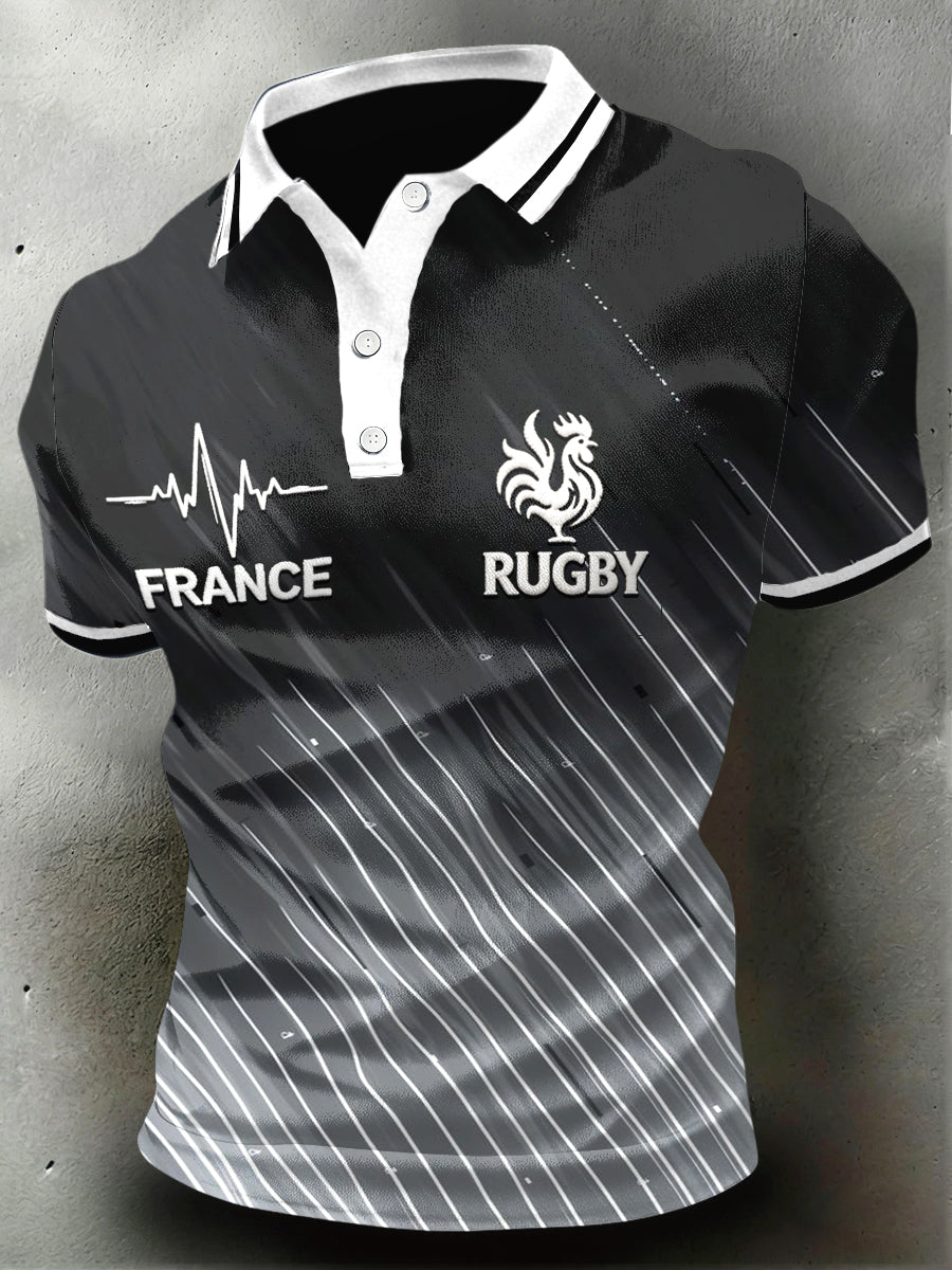Polo en jersey décontracté gris foncé à imprimé rugby français pour homme