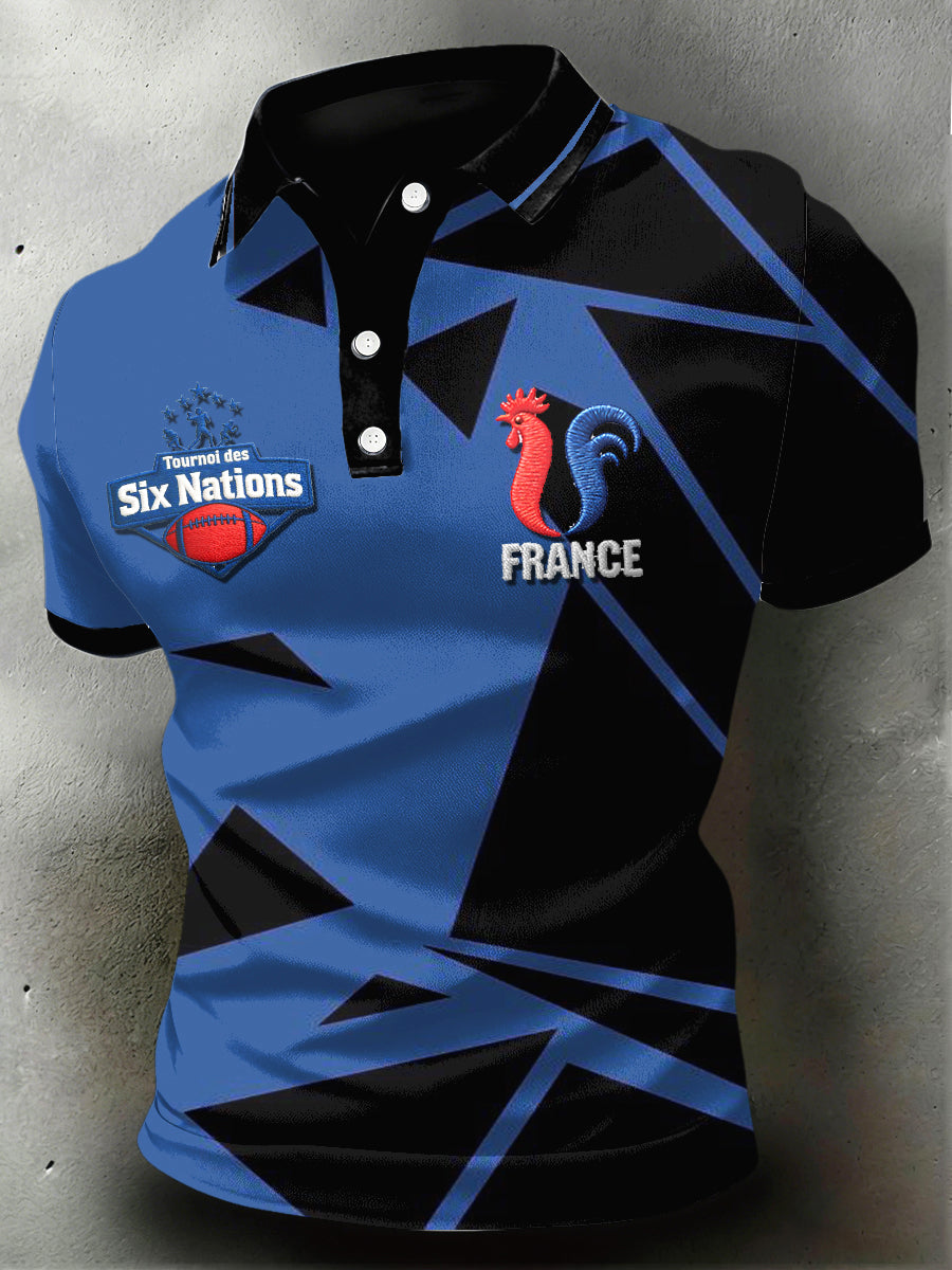 Maillot polo noir et bleu imprimé Six Nations de rugby français pour hommes