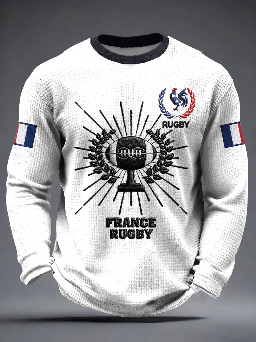 T-shirt blanc décontracté rétro à manches longues pour hommes avec imprimé coq français de rugby