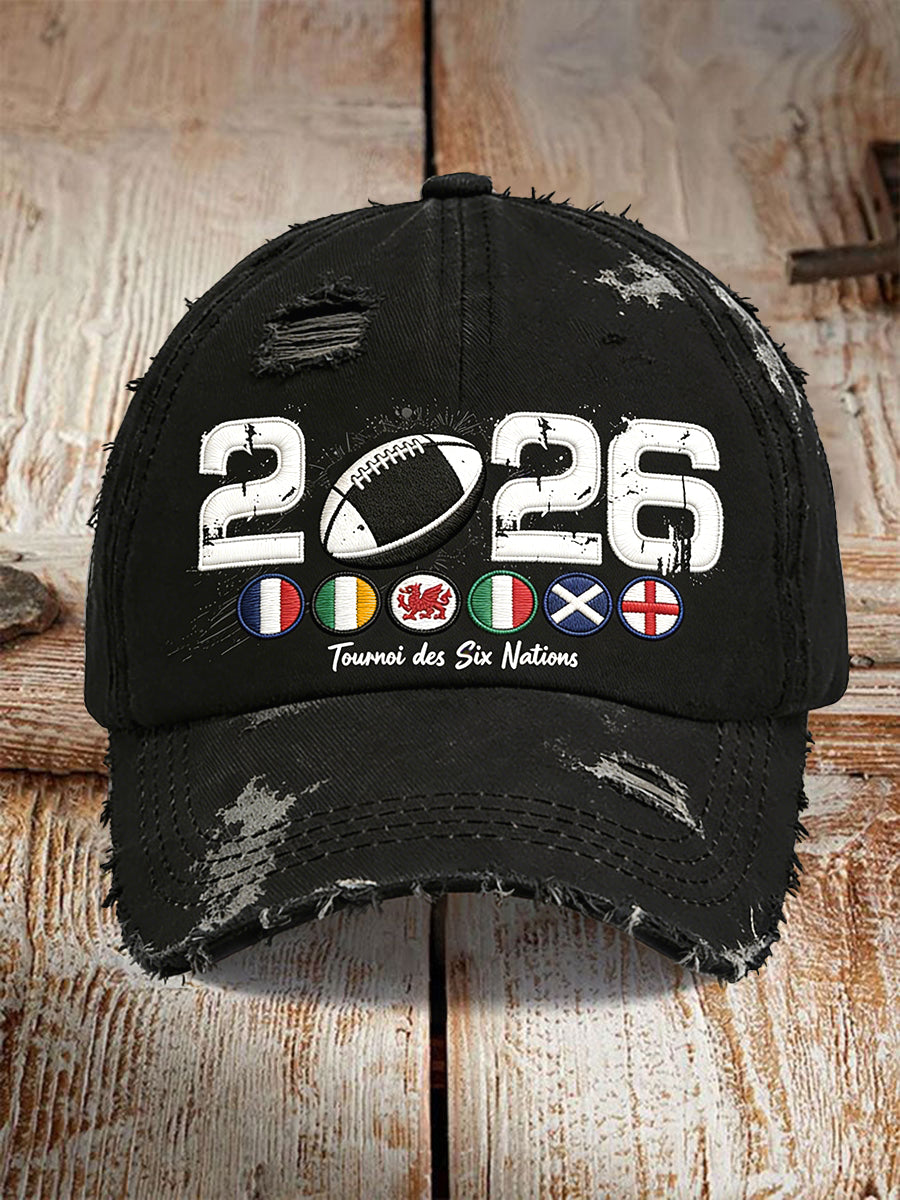 2026 Rugby Six Nations Vintage Distressed Print Casquette Décontractée Noire