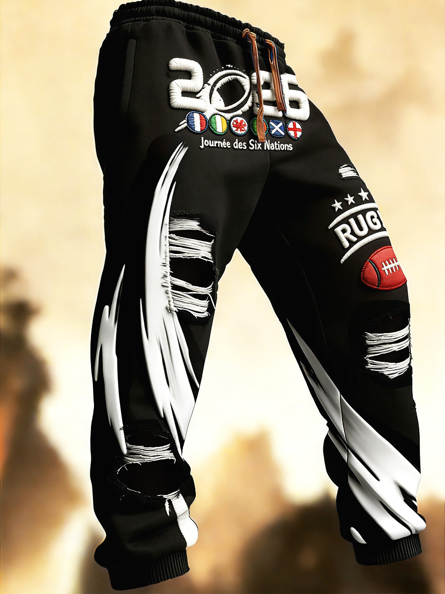 Pantalon de survêtement homme noir French Rugby Six Nations imprimé vieilli