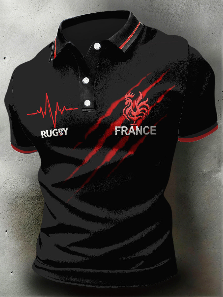 Polo décontracté noir et rouge pour hommes avec imprimé rugby français