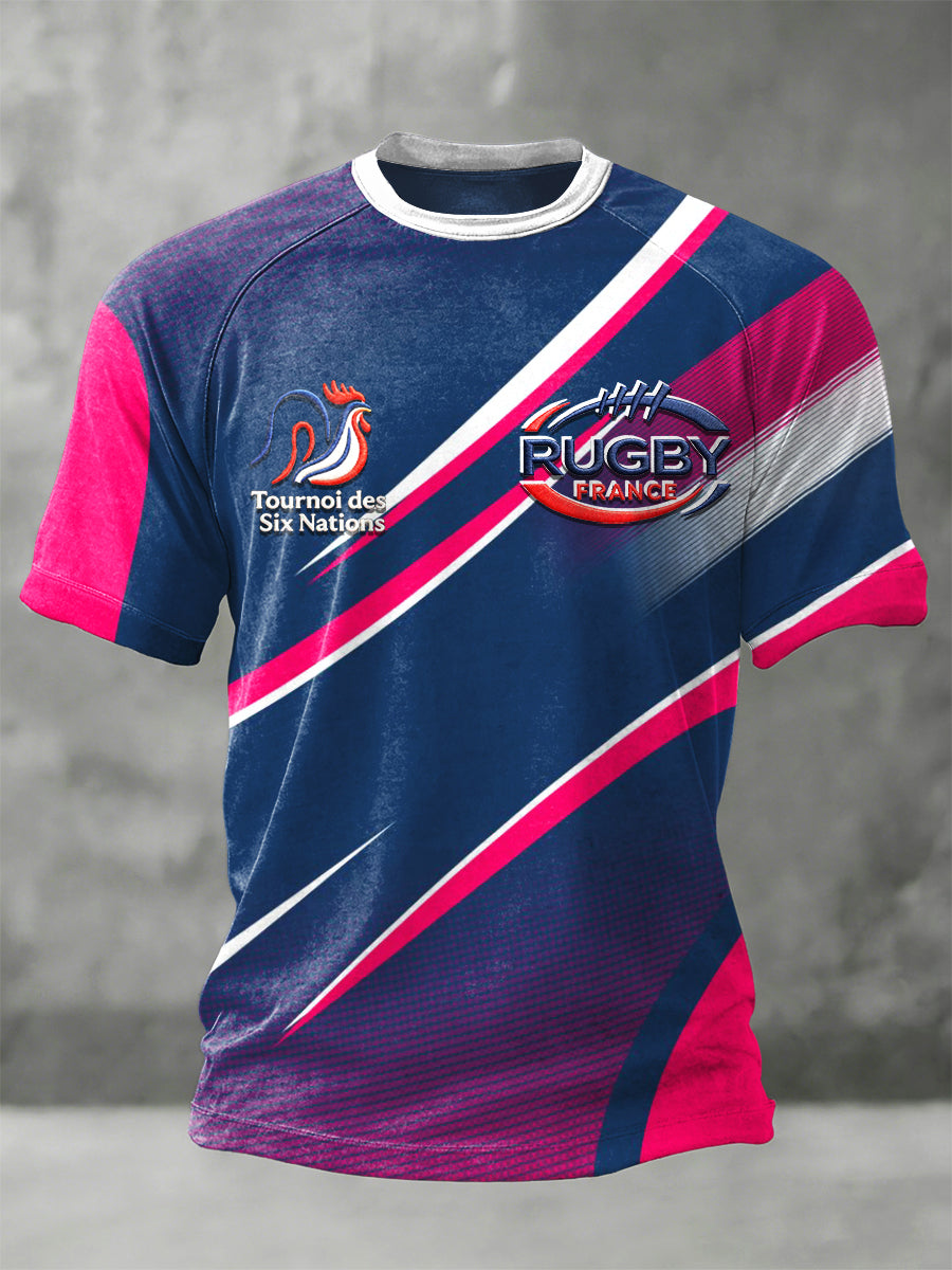 T-shirt à manches raglan décontracté imprimé French Rugby Six Nations pour homme