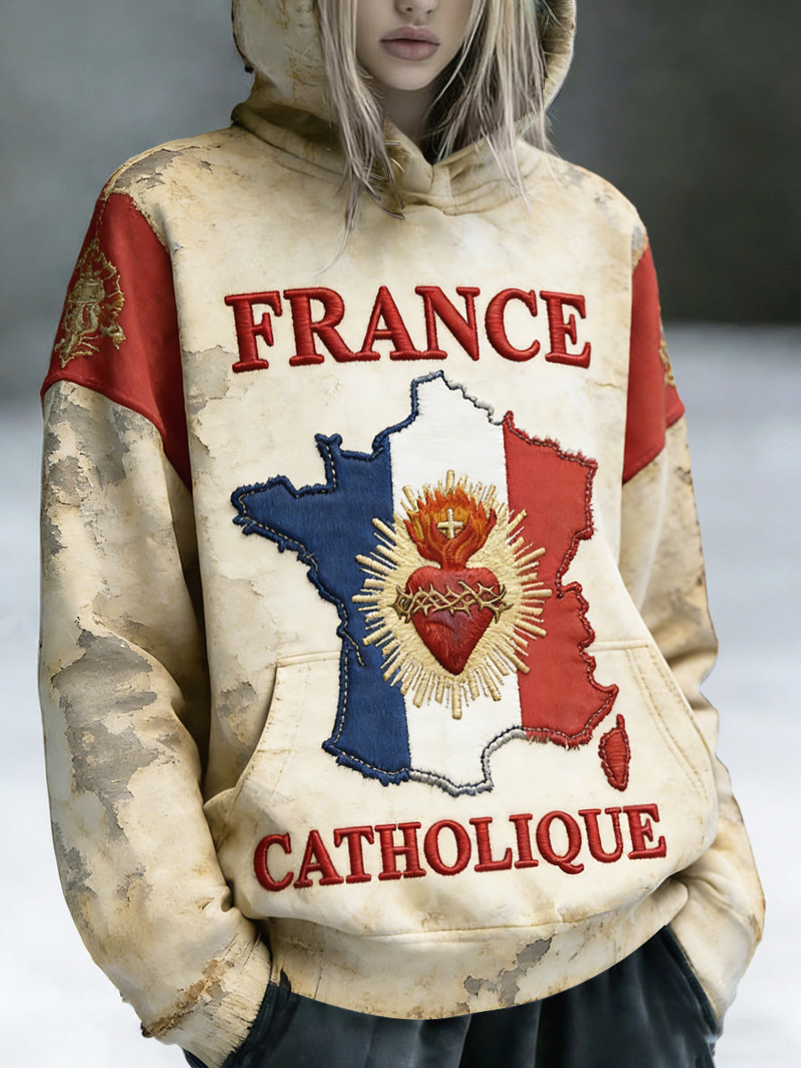Français carte brodée Patchwork Imprimer Vintage Sweat à capuche des femmes