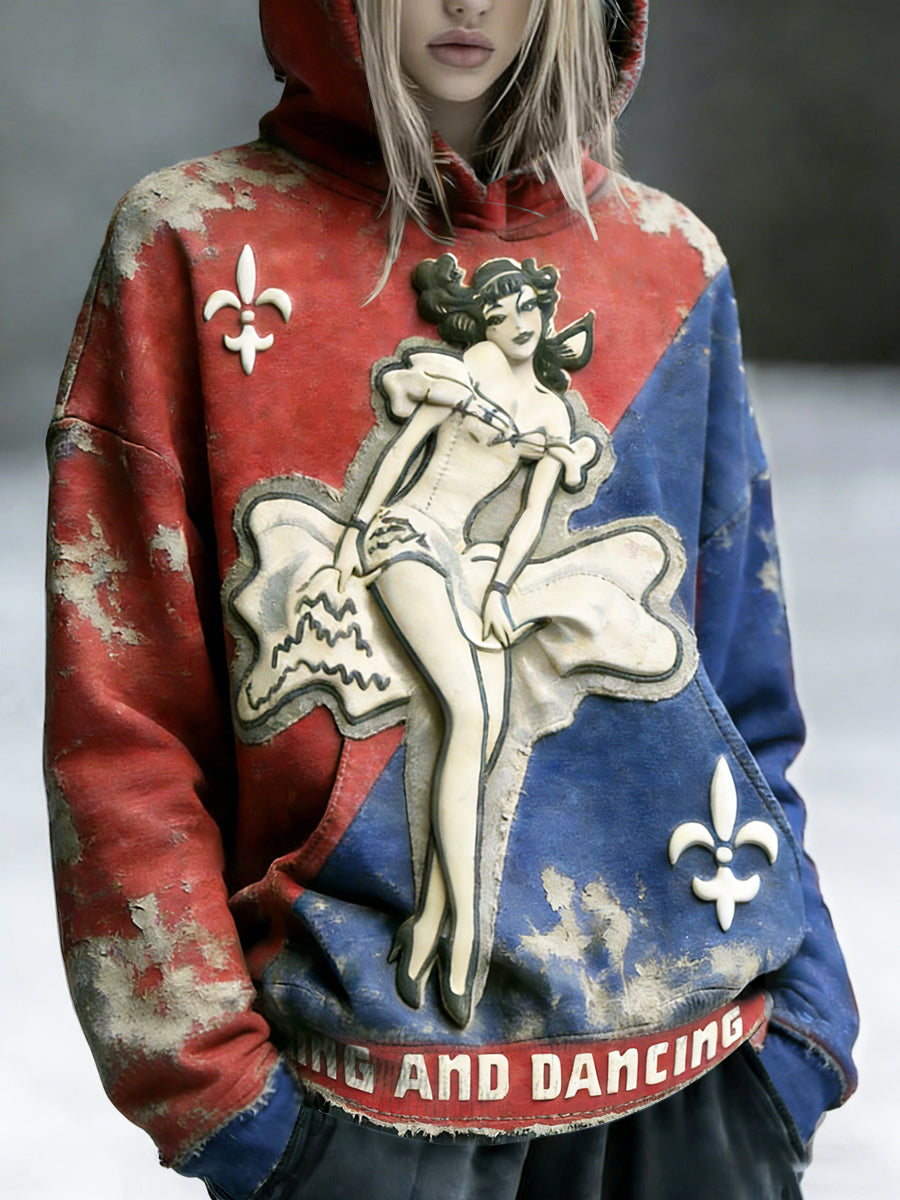 Sweat-shirt à capuche vintage imprimé patchwork français pour femmes