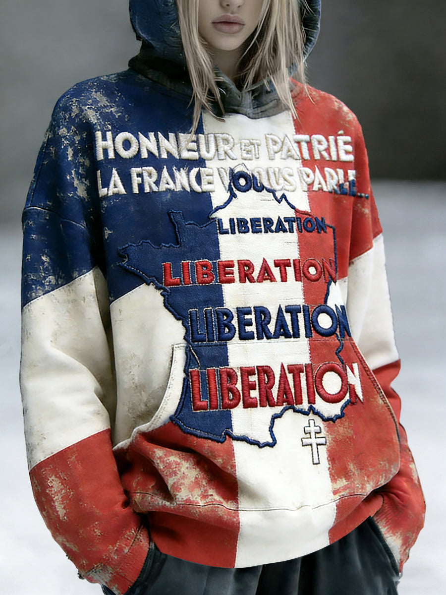 Sweat à capuche vintage imprimé patchwork brodé drapeau français pour femme