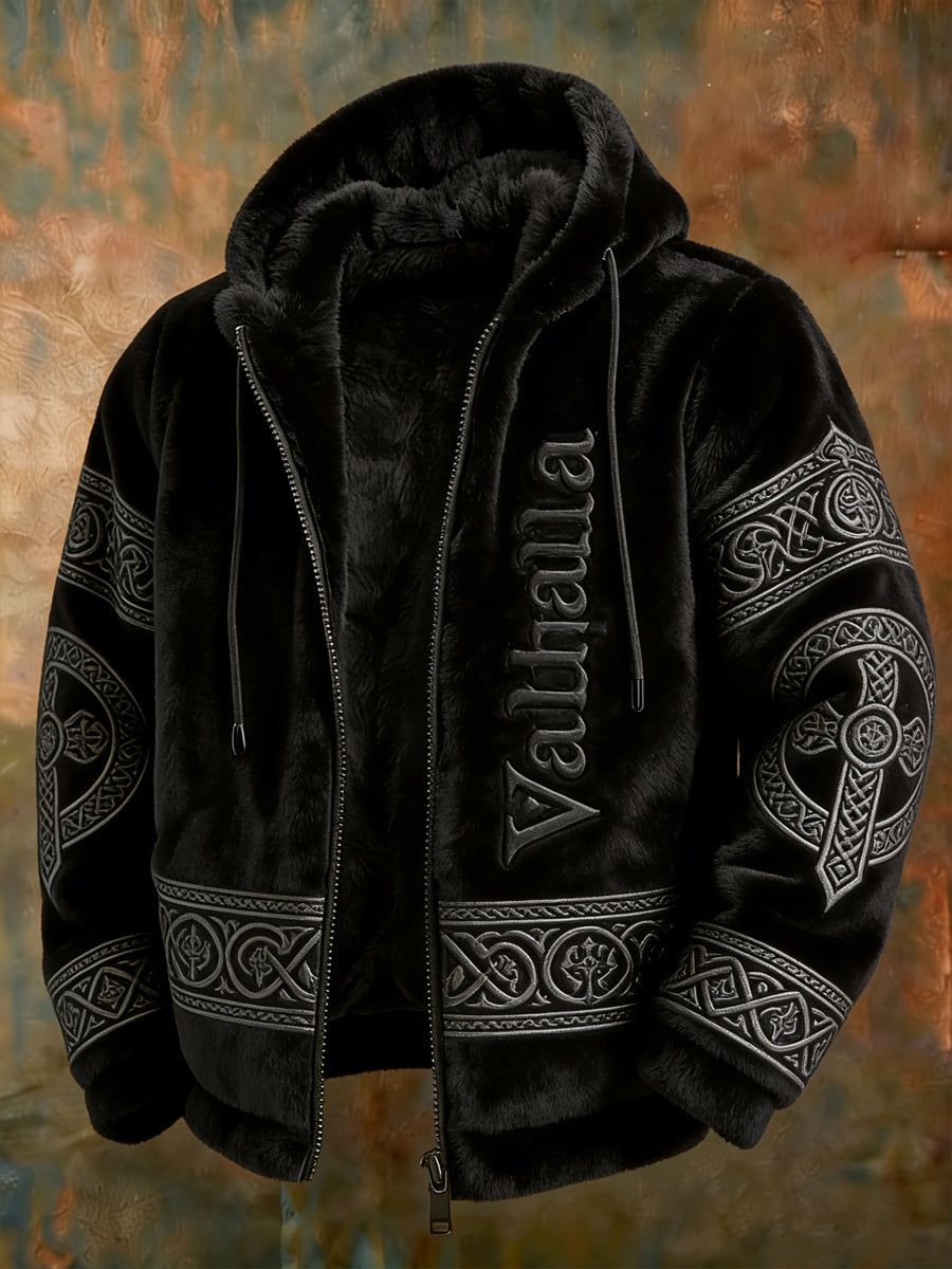 Valhalla de style viking pour hommes avec veste à capuche zippée chaude en peluche